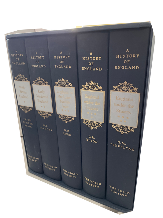 Five dark-blue volumes of A History of England in a matching slipcase, with gold-lettered spines and pale title panels.