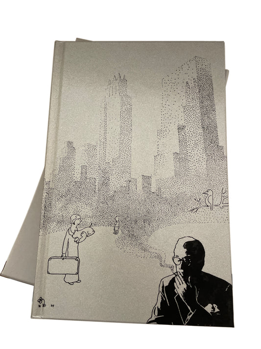 Pale cover of The Genius of James Thurber, with a stippled city skyline, cartoon figures and a portrait, resting on its slipcase.