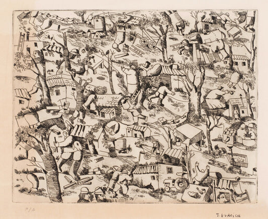 José Gurvich — Composición del kibbutz, c. 1973 — Signed Engraving, Artist’s Proof — historical auction photograph 1