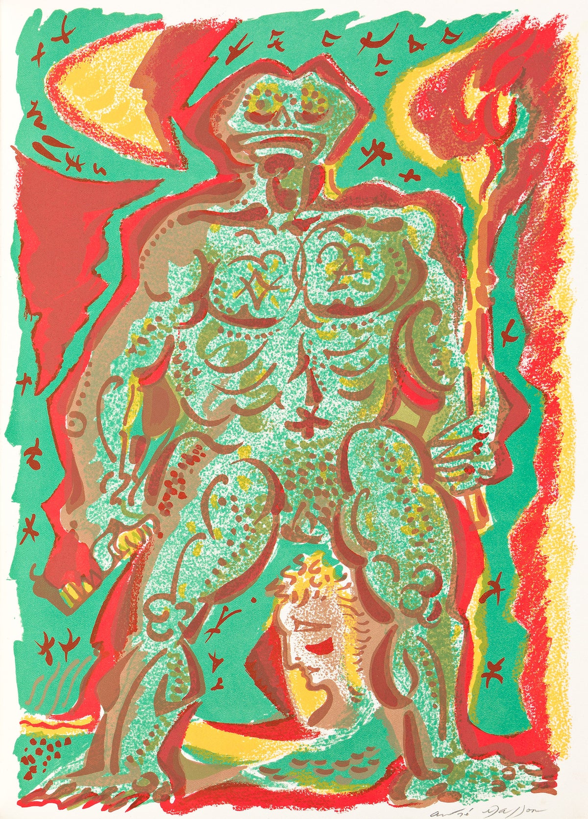 Intricate red and green lithograph from Variations sur l’imaginaire, 1972, hors-commerce copy 0; Swann source photograph.