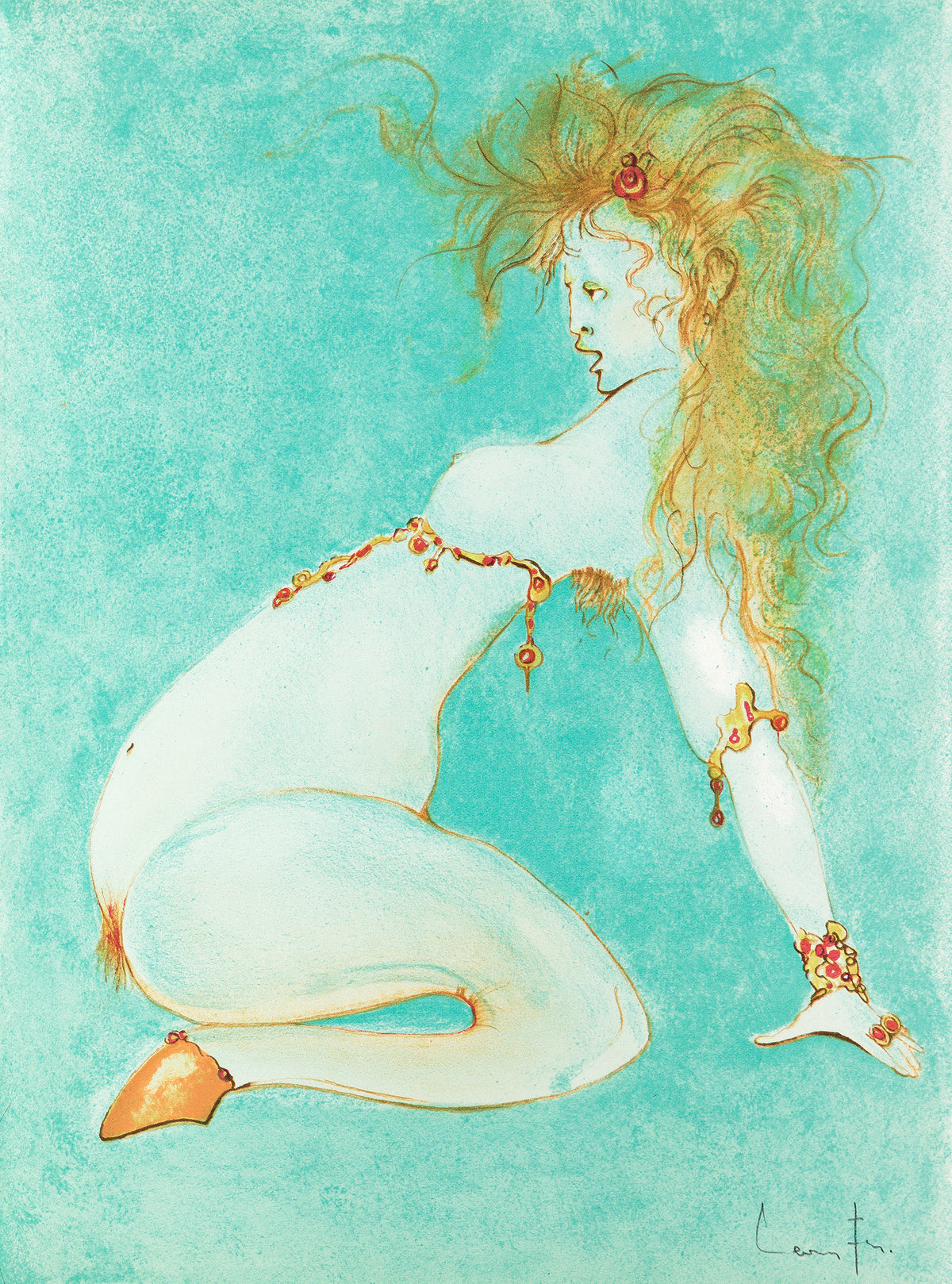 Lithograph with a pale seated figure against a blue-green background from Variations sur l’imaginaire, 1972, hors-commerce copy 0; Swann source photograph.