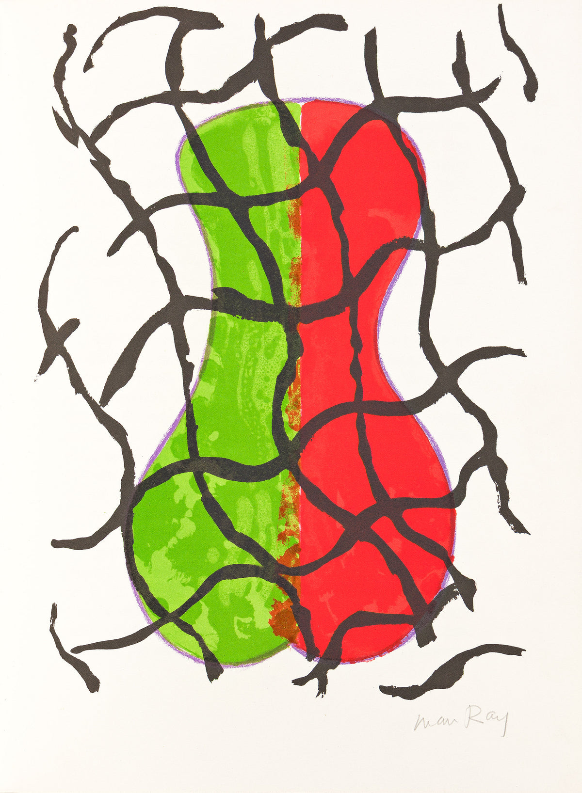 Man Ray lithograph from Variations sur l’imaginaire, 1972, hors-commerce copy 0: red and green abstract forms with looping black lines; Swann source photograph.